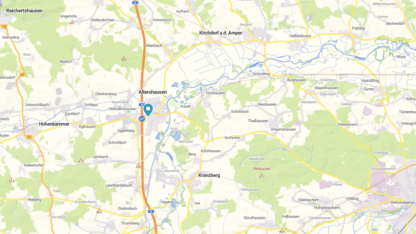 Map showing the area around Allershausen, Germany, with a blue location pin marking a specific property site.