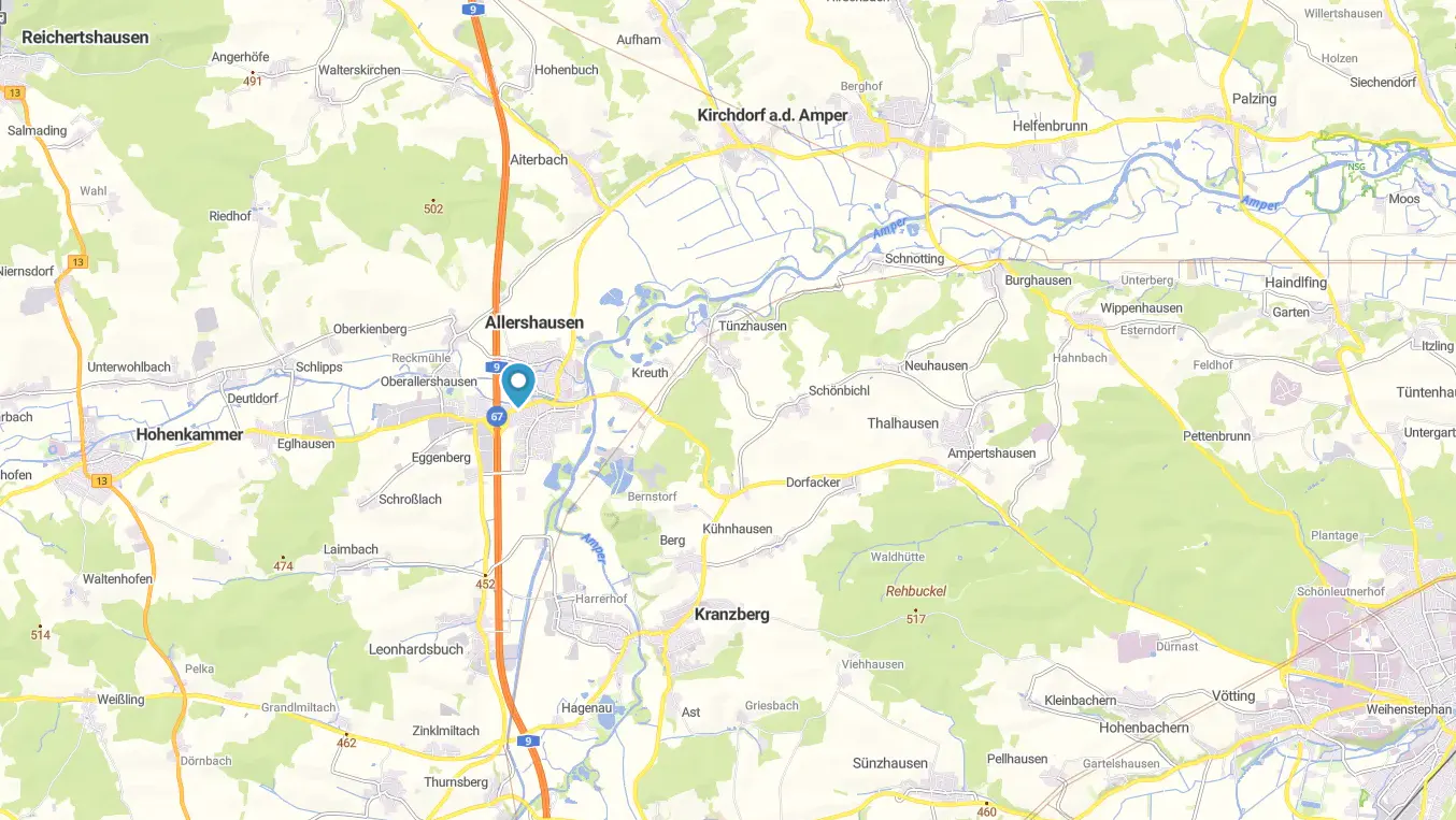 Map showing the area around Allershausen, Germany, with a blue location pin marking a specific property site.