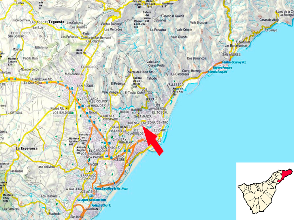 A topographic map of Santa Cruz de Tenerife with a red arrow pointing to the city center and an inset map of the island. [AI-generated text]