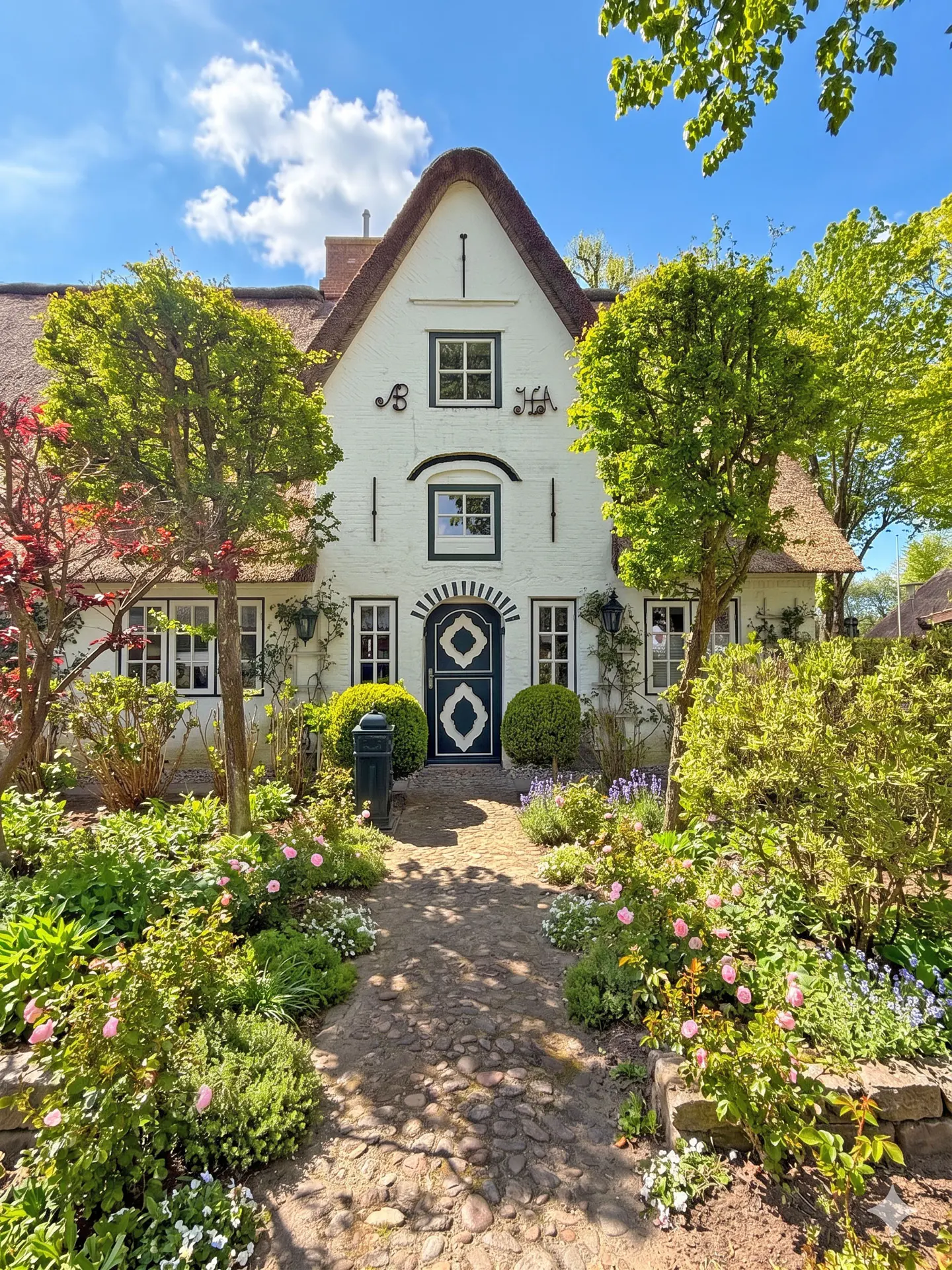 Charming white cottage with a thatched roof, surrounded by a lush garden and a stone pathway under a bright blue sky.