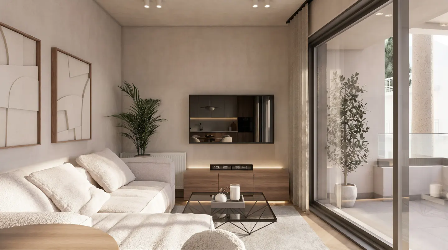 Living room with white sofa, glass table, and TV. Balcony with plant visible through sliding glass doors. Neutral color scheme.