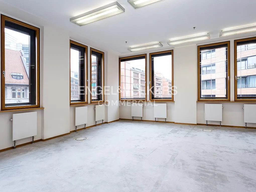 Bright, empty office space with white walls, concrete floor, and wood-framed windows showing city views. White radiators under windows.