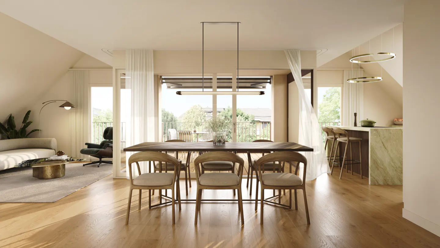 Open-concept living space with wood floors, dining table with six chairs, and kitchen island with bar stools. Balcony with sheer curtains.