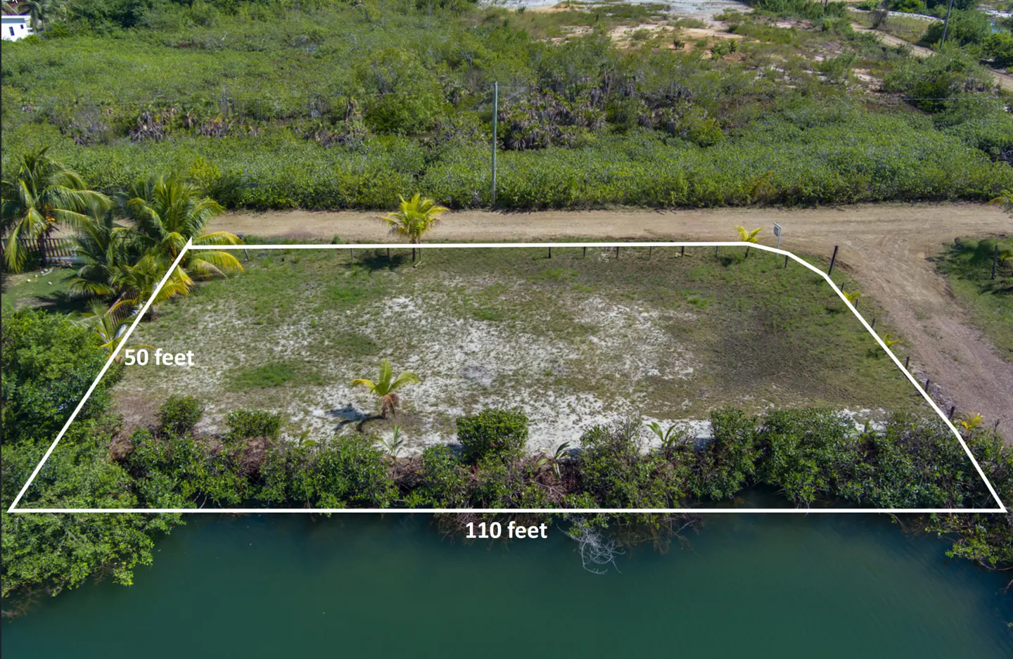 Aerial view of a vacant lot with white boundary lines, 50 feet and 110 feet marked. Lush green vegetation and a pond surround the property.