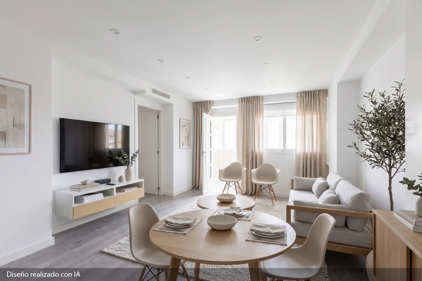 Bright, modern living room with a round wooden dining table set for four, a gray sofa, and a flat-screen TV on the wall.