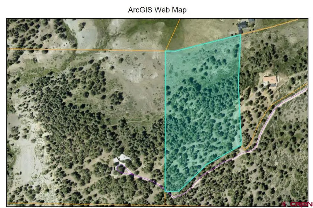 Aerial view of a property map with a turquoise border, showing trees and a house.