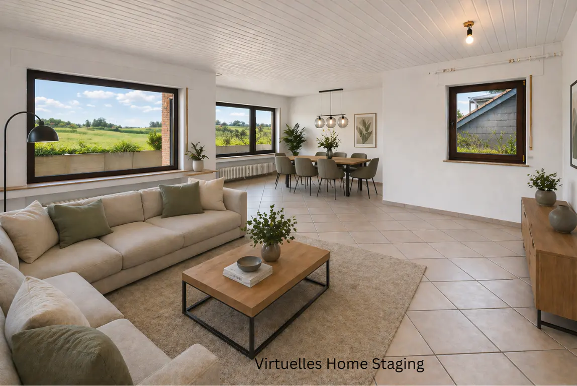 Bright, staged living and dining area with a beige sectional sofa, wood coffee table, and dining table with six chairs. Large windows offer views of green fields.