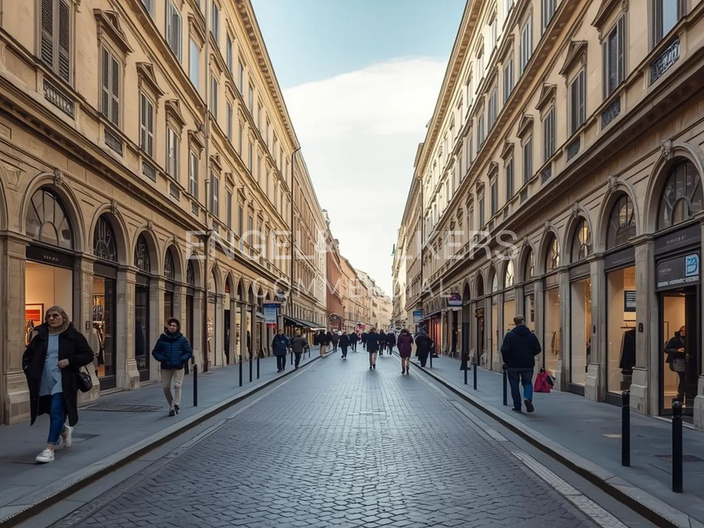 Cobblestone street lined with beige buildings, arched storefronts, and pedestrians walking towards the horizon.