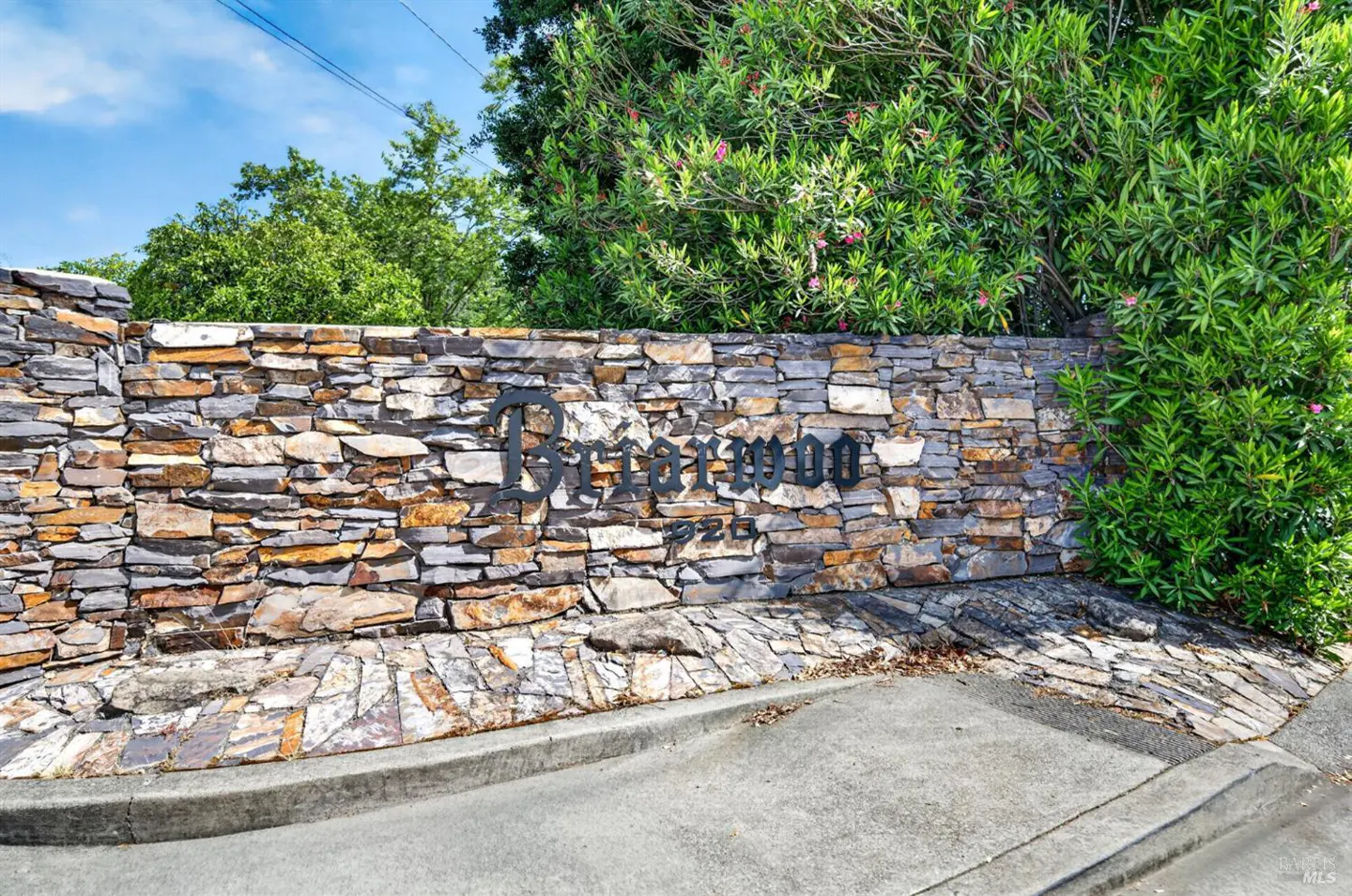 Stone wall with "Briarwood" in black letters, and "225" below. Green bushes are on the right side of the wall.