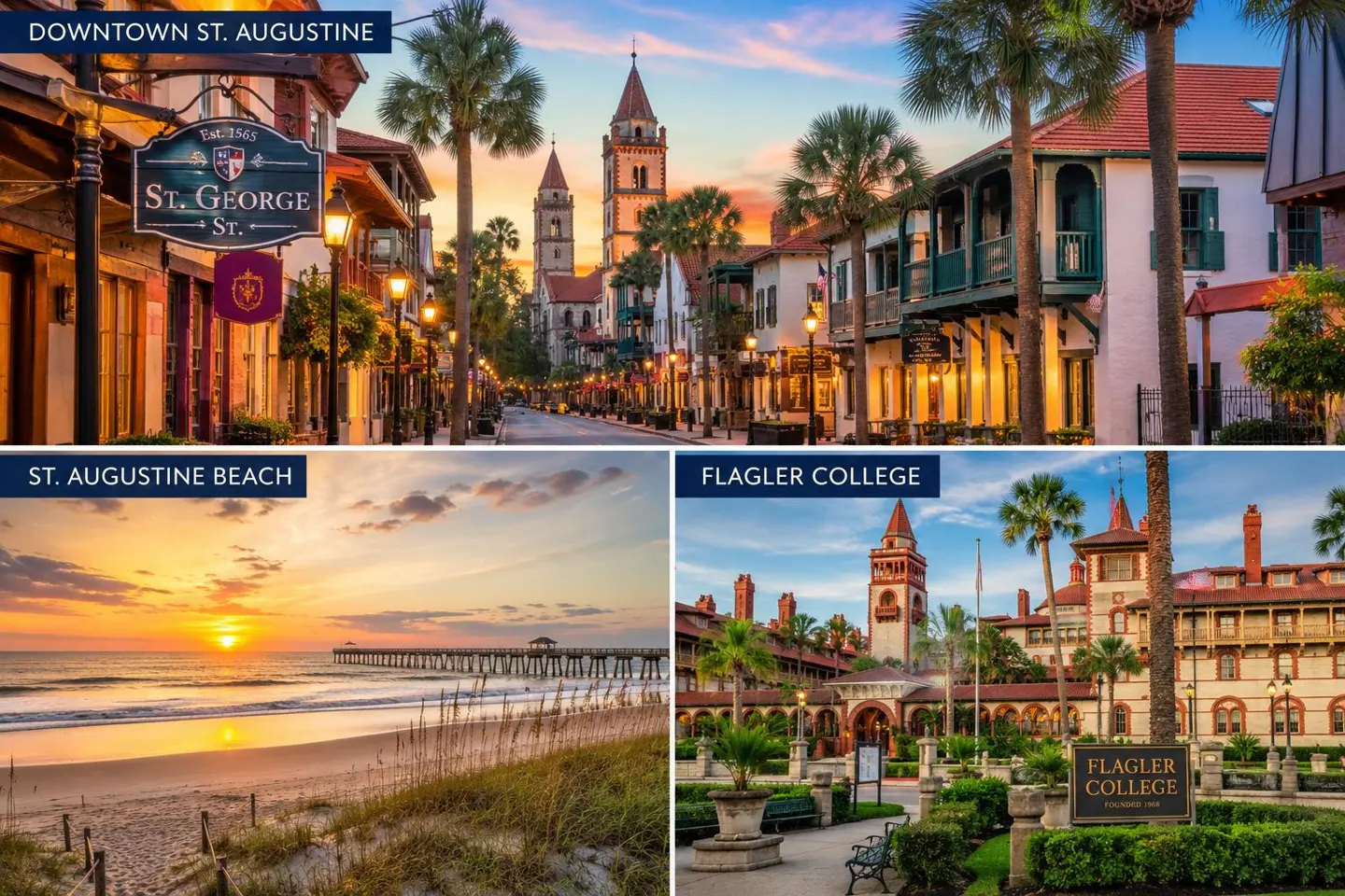 A collage of St. Augustine featuring a historic downtown street, a beach pier at sunset, and the Flagler College campus.