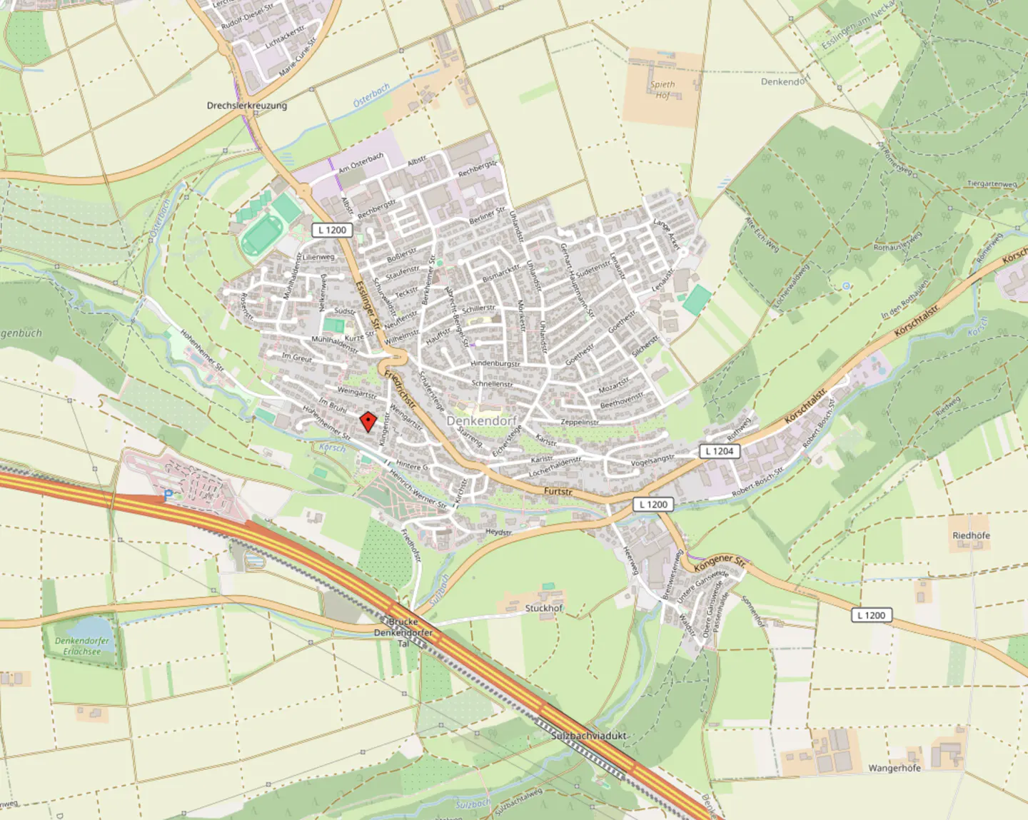 Map view of Denkendorf, Germany, with a red pin marking a property location. Roads, buildings, and green spaces are visible.