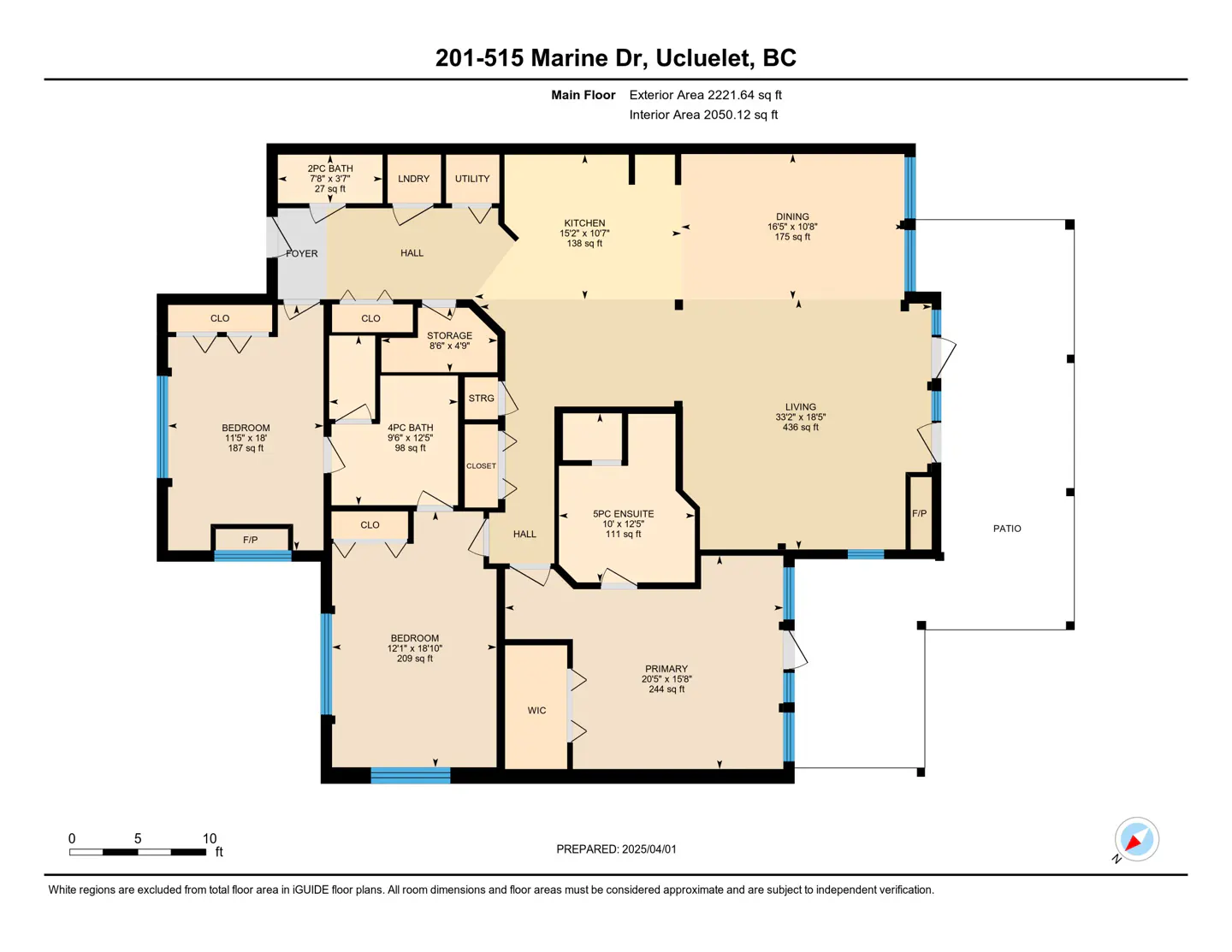 Floor plan of 201-515 Marine Dr, Ucluelet, BC, showing layout of rooms including bedrooms, bathrooms, kitchen, living, and dining areas.