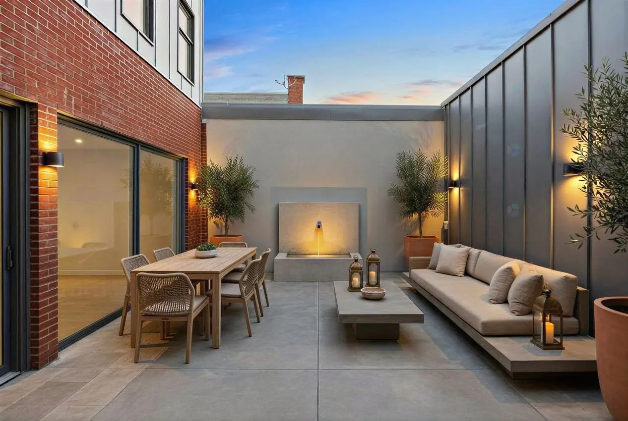 Outdoor patio with dining table, sofa, and water feature. Brick and metal walls, potted trees, and lanterns create a cozy atmosphere.