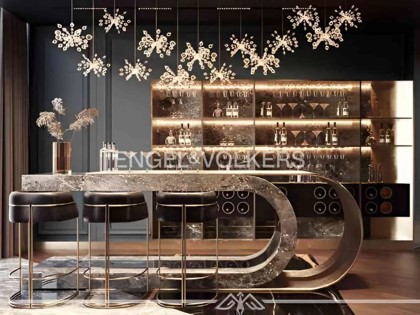 Interior view of a modern home bar with marble countertop, black stools, and decorative lighting fixtures.