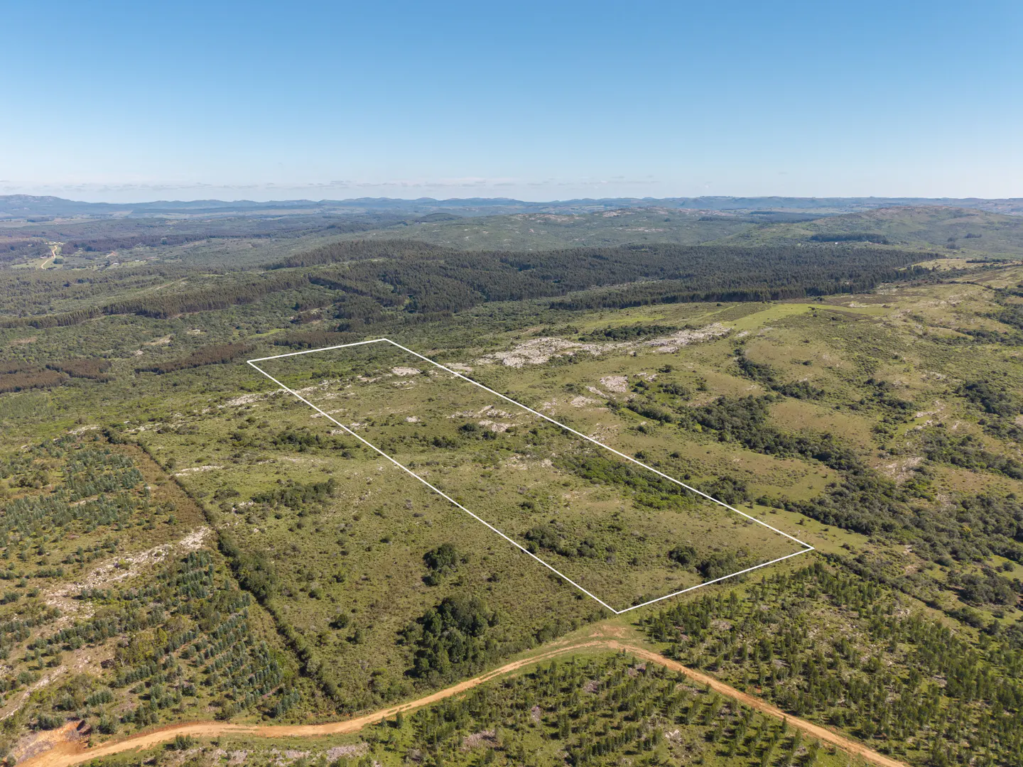 Aerial view of a large, grassy plot of land outlined in white, surrounded by trees and rolling hills under a clear blue sky.