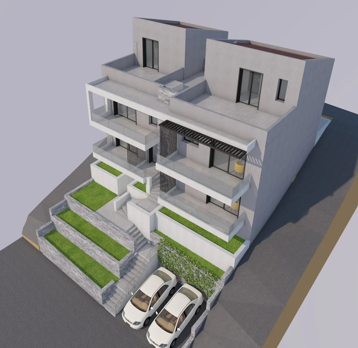 3D architectural rendering of a modern multi-level apartment building with terraced green lawns and two parked white cars.