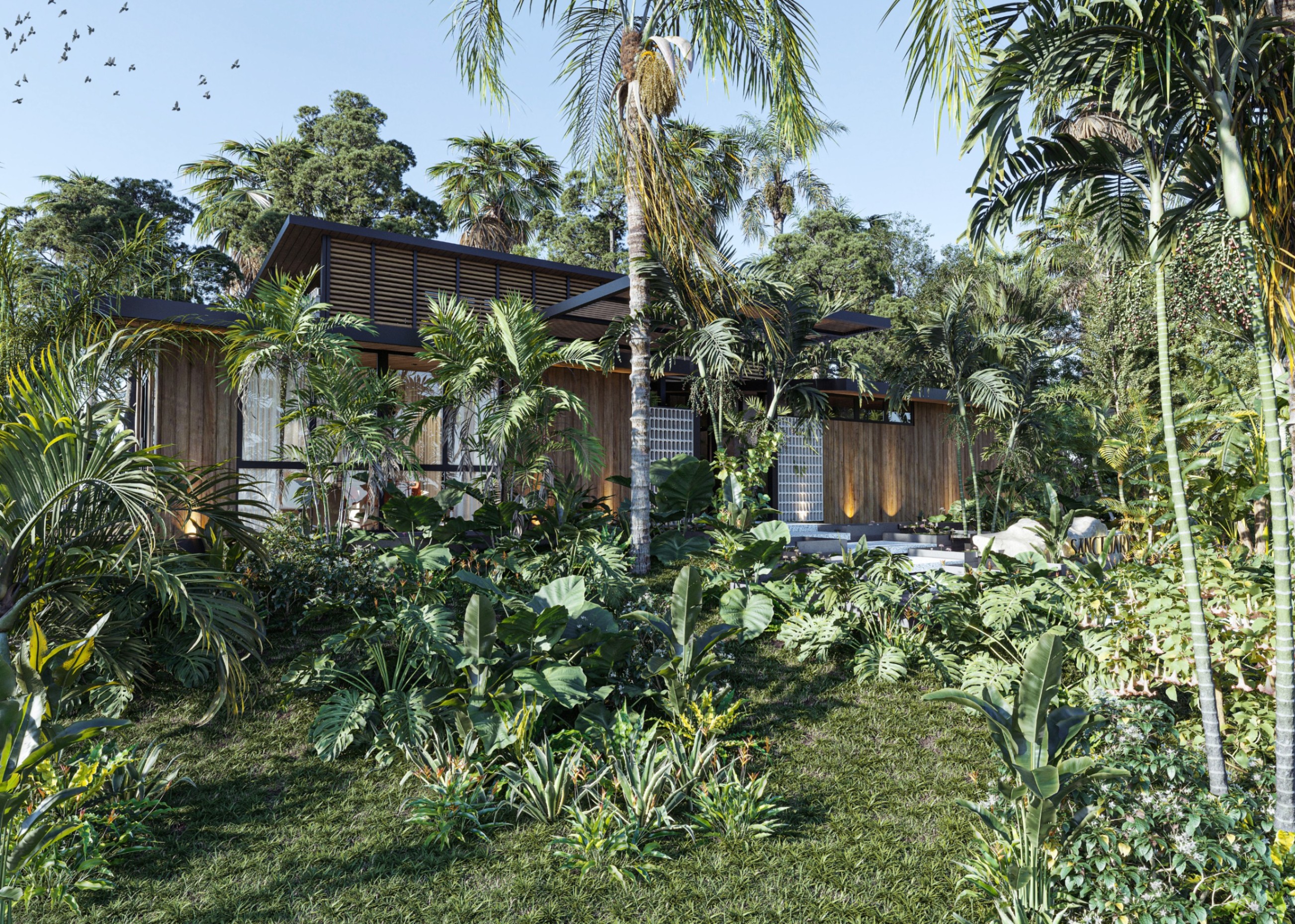 Modern wood home surrounded by lush green tropical plants and palm trees under a blue sky.