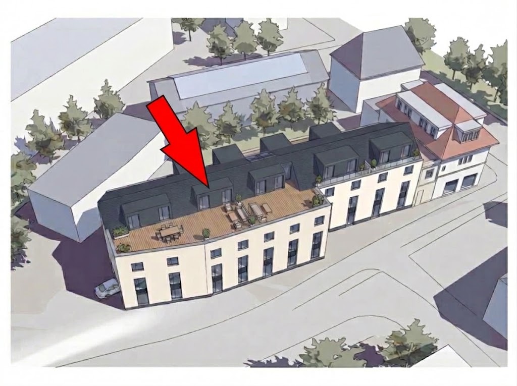 Architectural rendering of a modern apartment building with a large rooftop terrace, highlighted by a large red arrow. [AI-generated text]