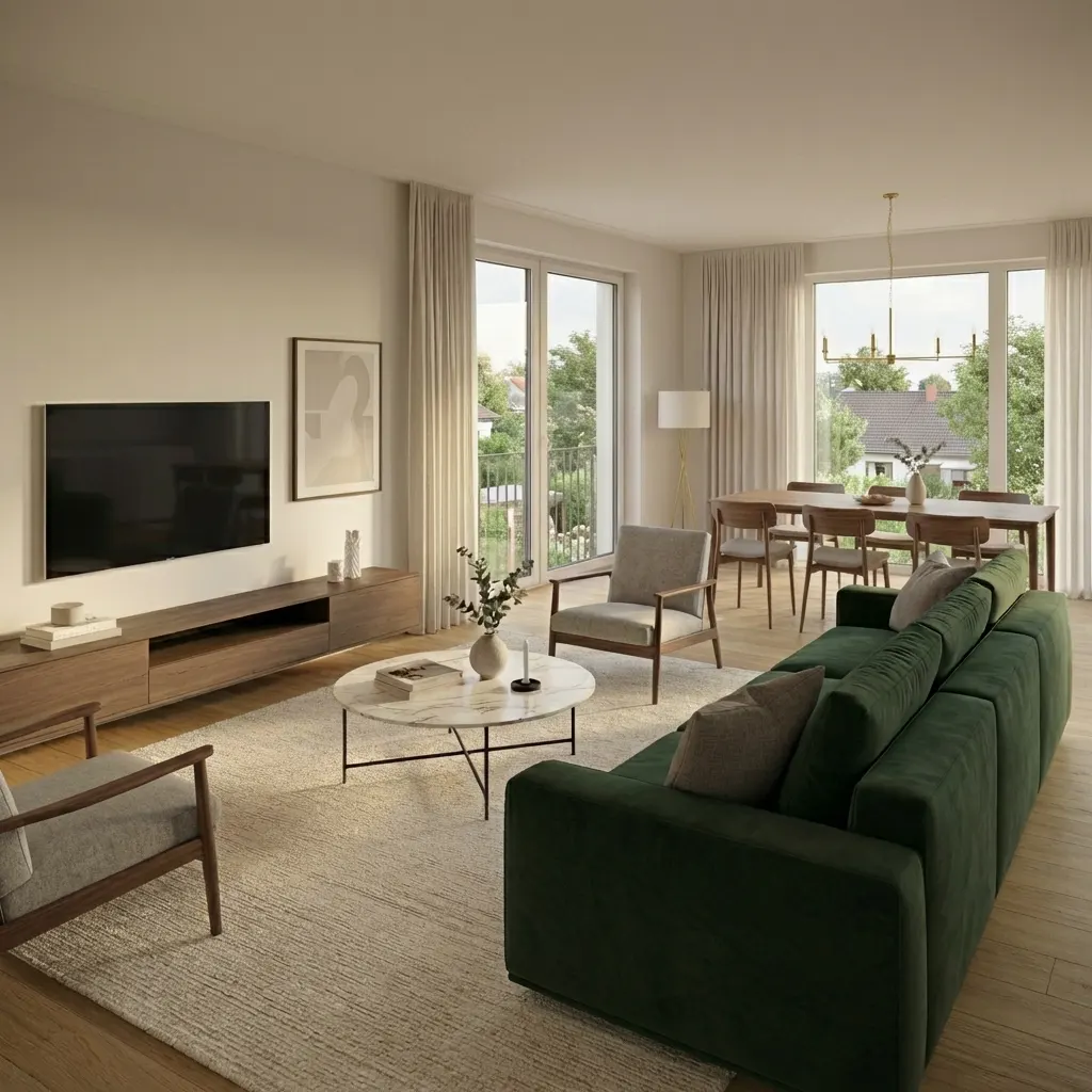 Open-concept living room with a green sofa, marble coffee table, and dining area. Large windows offer natural light and a view of greenery.