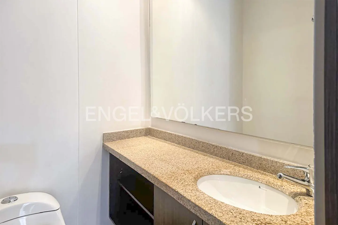 Bathroom with white toilet, granite countertop, white sink, chrome faucet, and a large mirror. Dark wood cabinet below the counter.