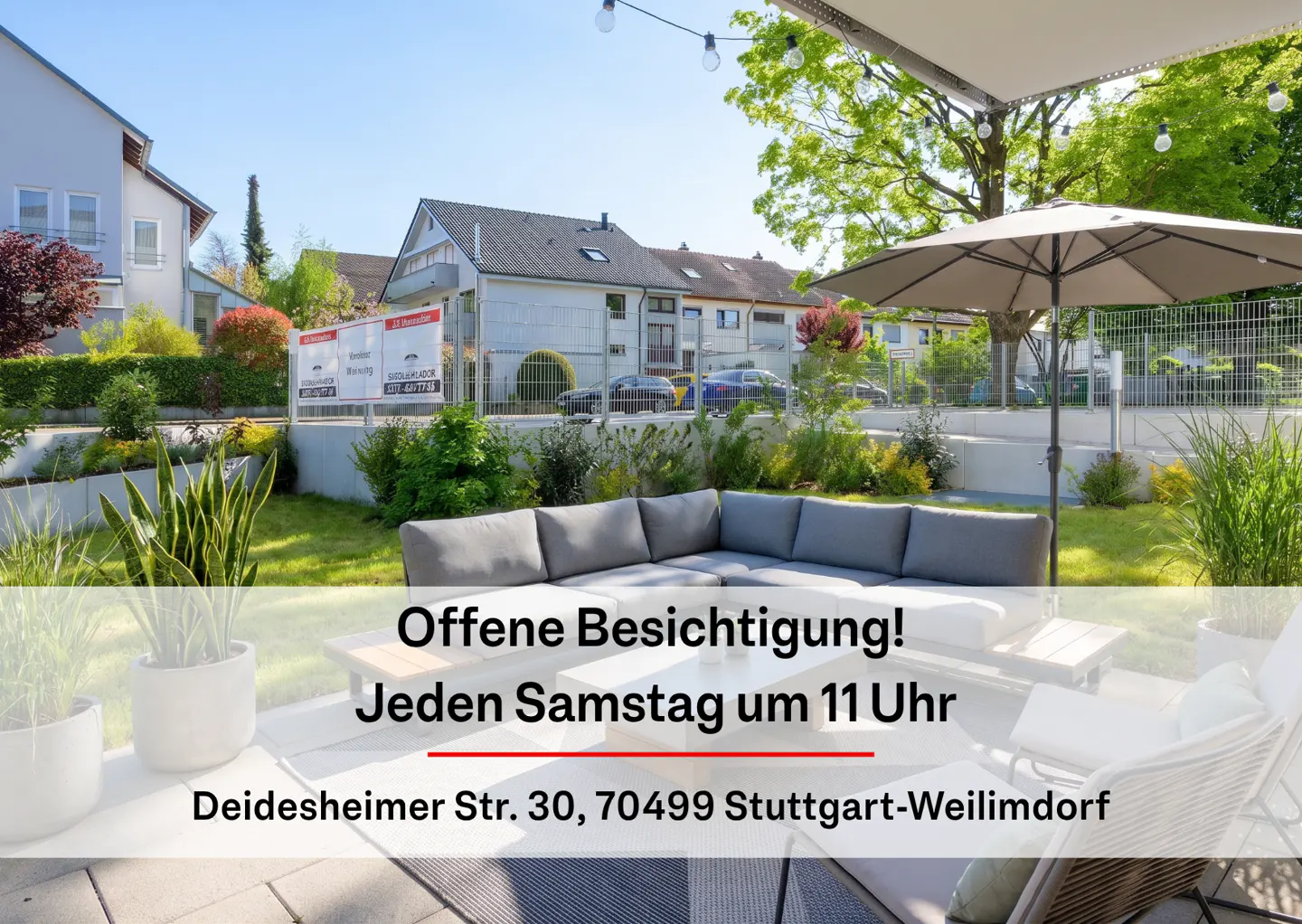 Patio with grey sectional sofa, umbrella, and plants, advertising an open house in Stuttgart-Weilimdorf every Saturday.