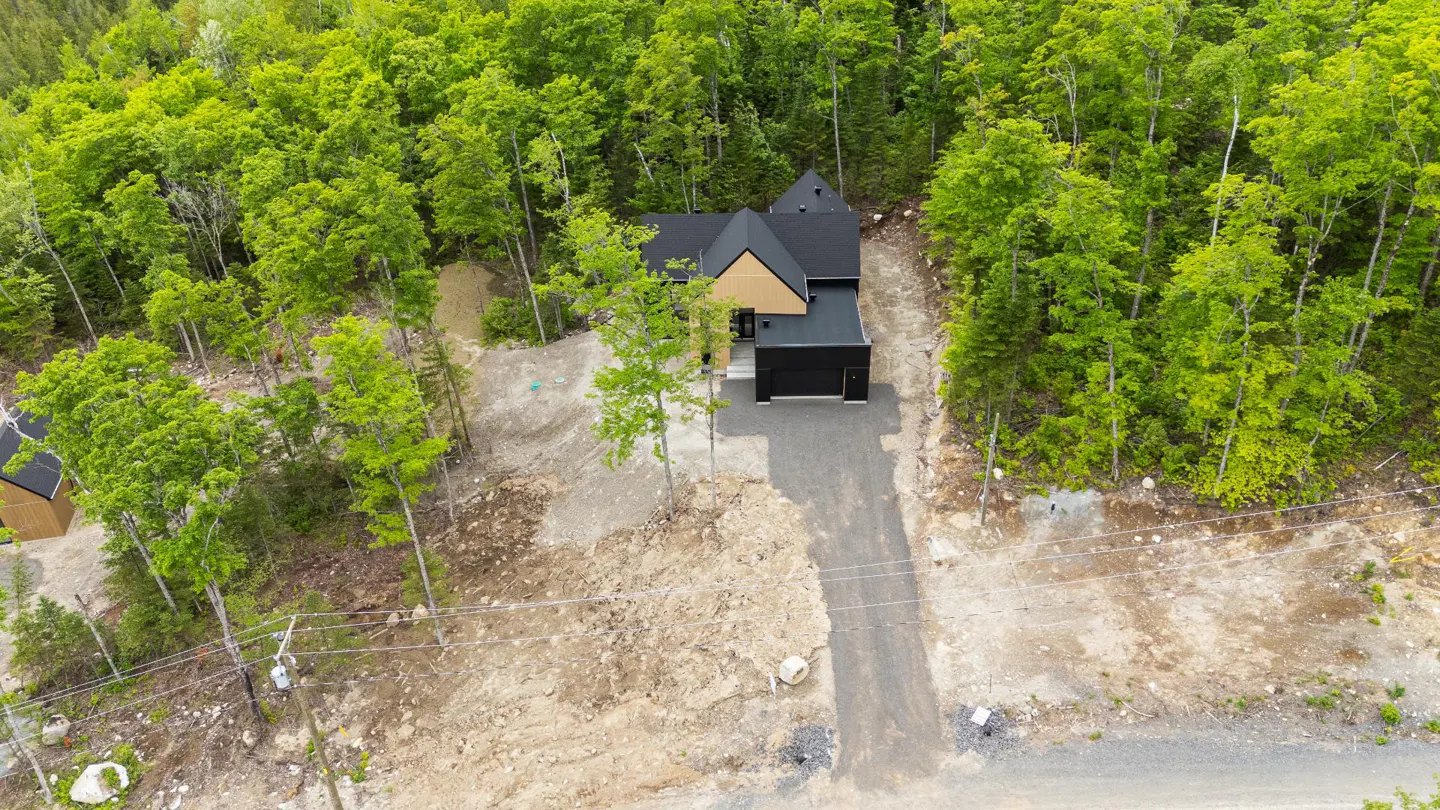 Aerial view of a modern black house with a black roof, surrounded by green trees and a gravel driveway.