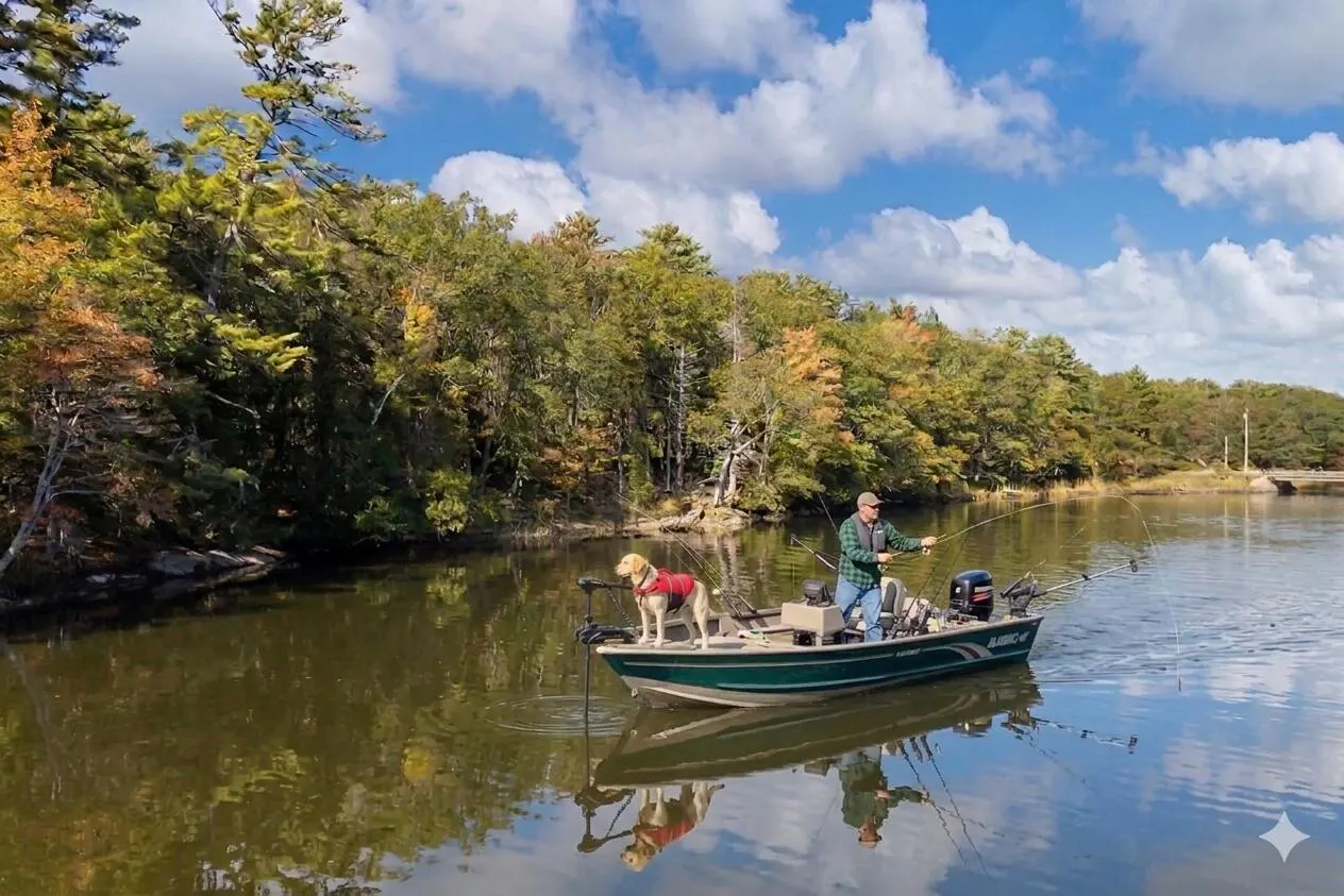 A man fishes from a boat with his dog, who is wearing a red vest. The water reflects the boat and the sky.