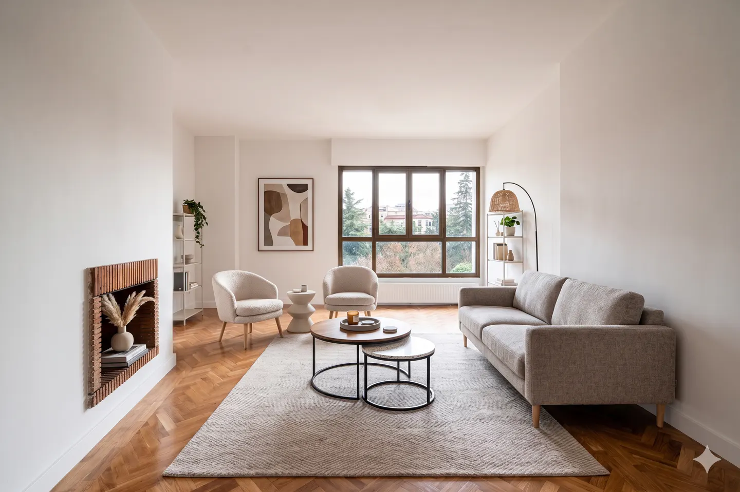 Bright living room with a beige sofa, two chairs, and round tables on a patterned rug. A large window overlooks trees.