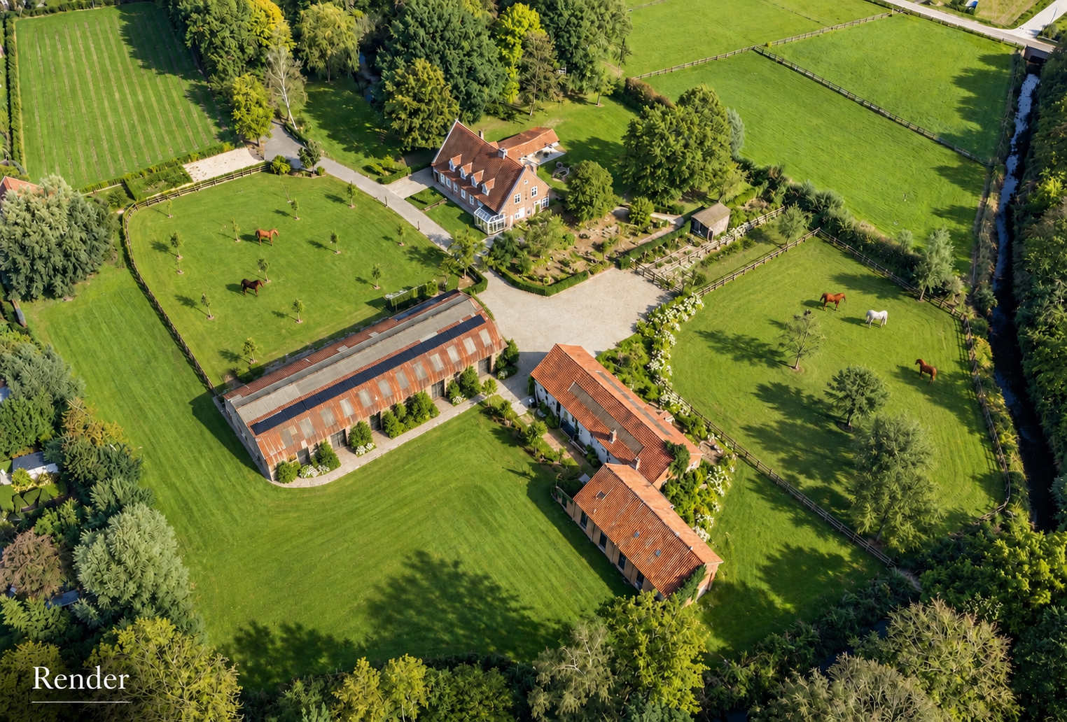 Aerial view of a rural estate with a farmhouse, stables, and horses grazing in fenced green pastures surrounded by trees. [AI-generated text]