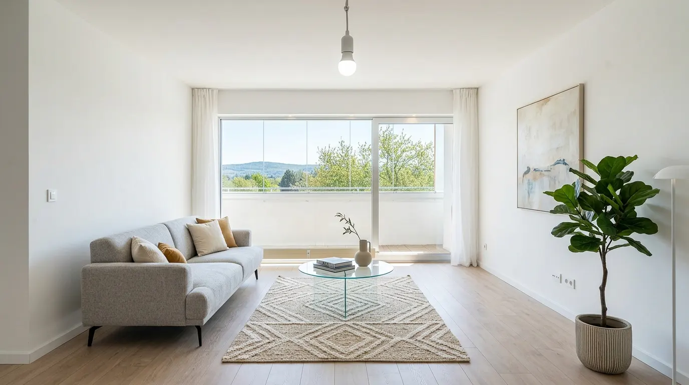 Bright living room with a gray sofa, glass table on a patterned rug, and a large window with a view. A potted plant sits near an abstract painting.