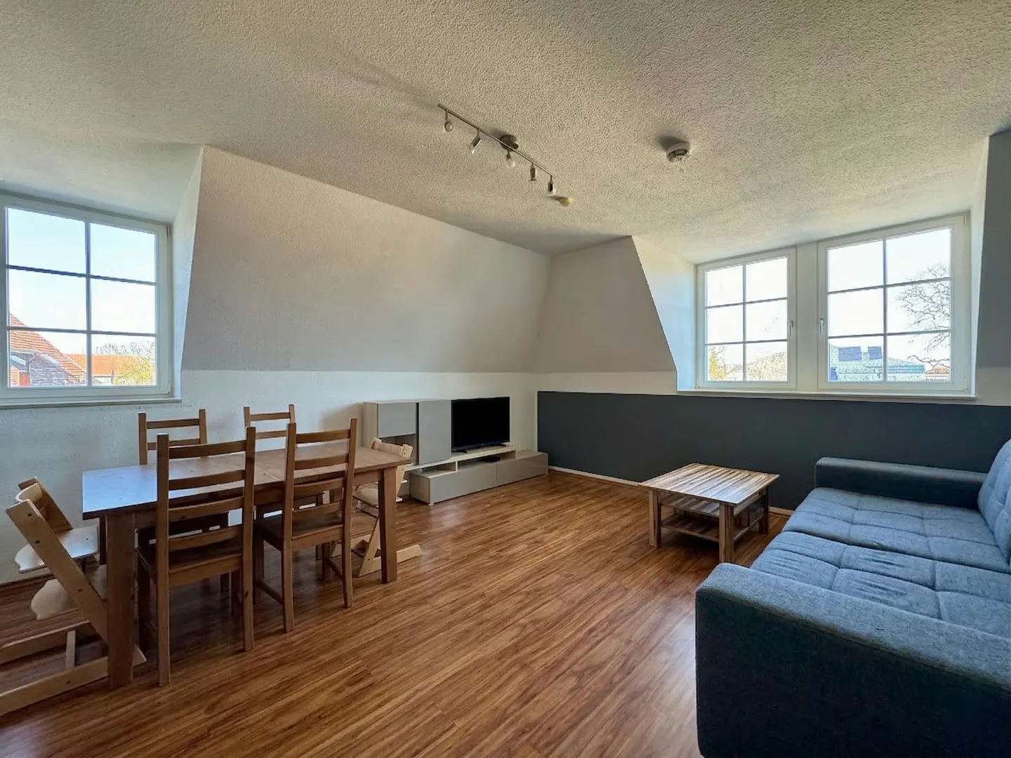 Attic apartment with wood floors, dining table, blue sofa, and TV. Two windows provide natural light.