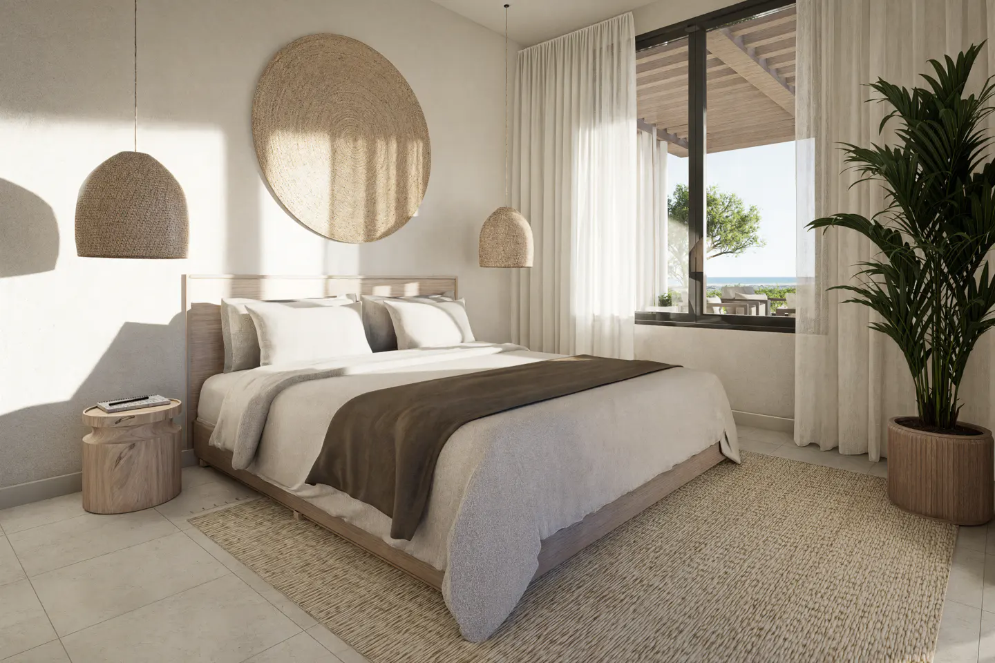 Bright bedroom with a king bed, white linens, and a brown throw. Woven decor, a plant, and a window with a view add to the room's ambiance.