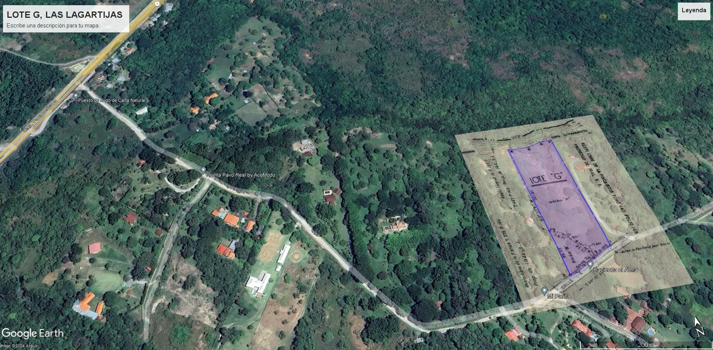 Aerial view of "Lote G, Las Lagartijas" showing a plot of land outlined in blue, surrounded by lush green trees and roads.