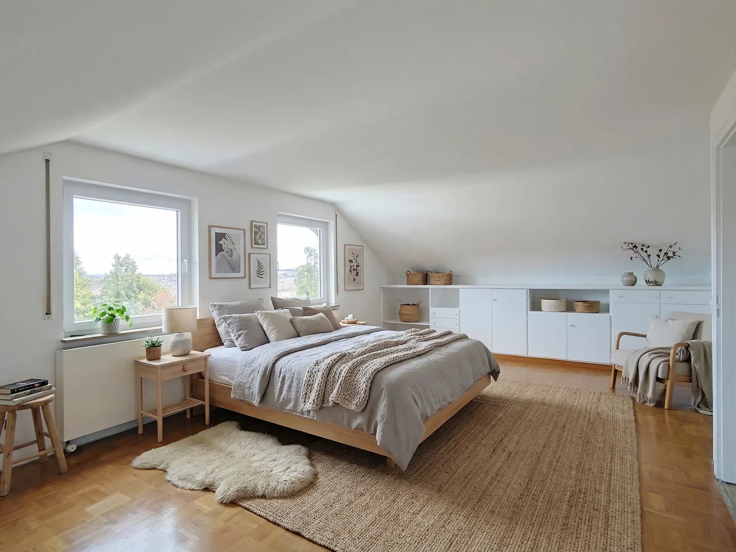 Bright bedroom with a wooden bed, beige linens, and a woven throw. White walls, built-in cabinets, and a jute rug create a cozy, neutral space.