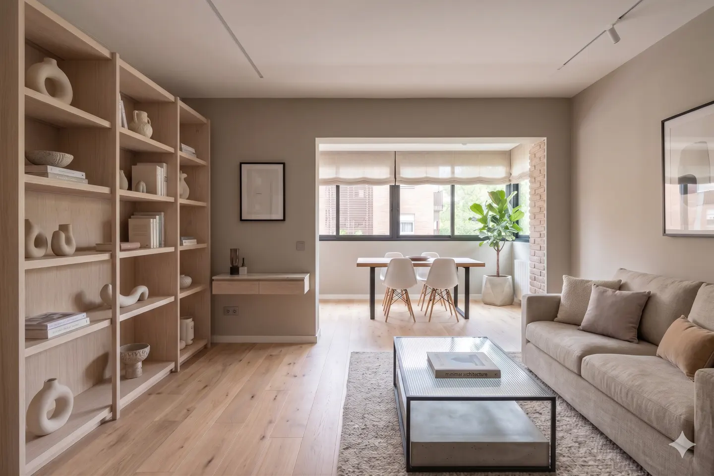 A bright living room with a beige sofa, glass coffee table, and a dining area by the window. A large bookshelf displays decorative items.