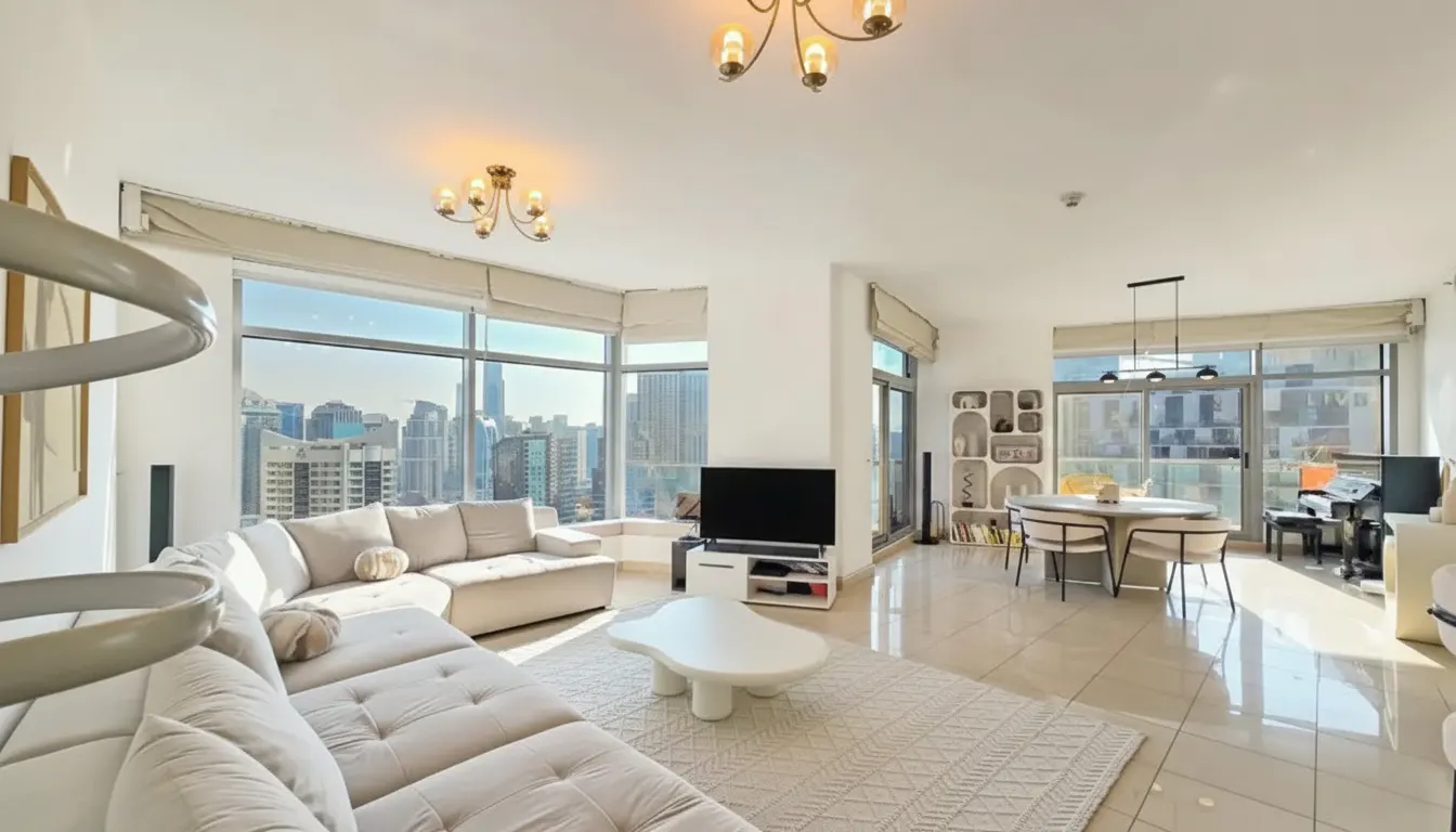 Bright, modern apartment with a beige sectional sofa, white rug, and city views through large windows. A dining area and piano are visible.