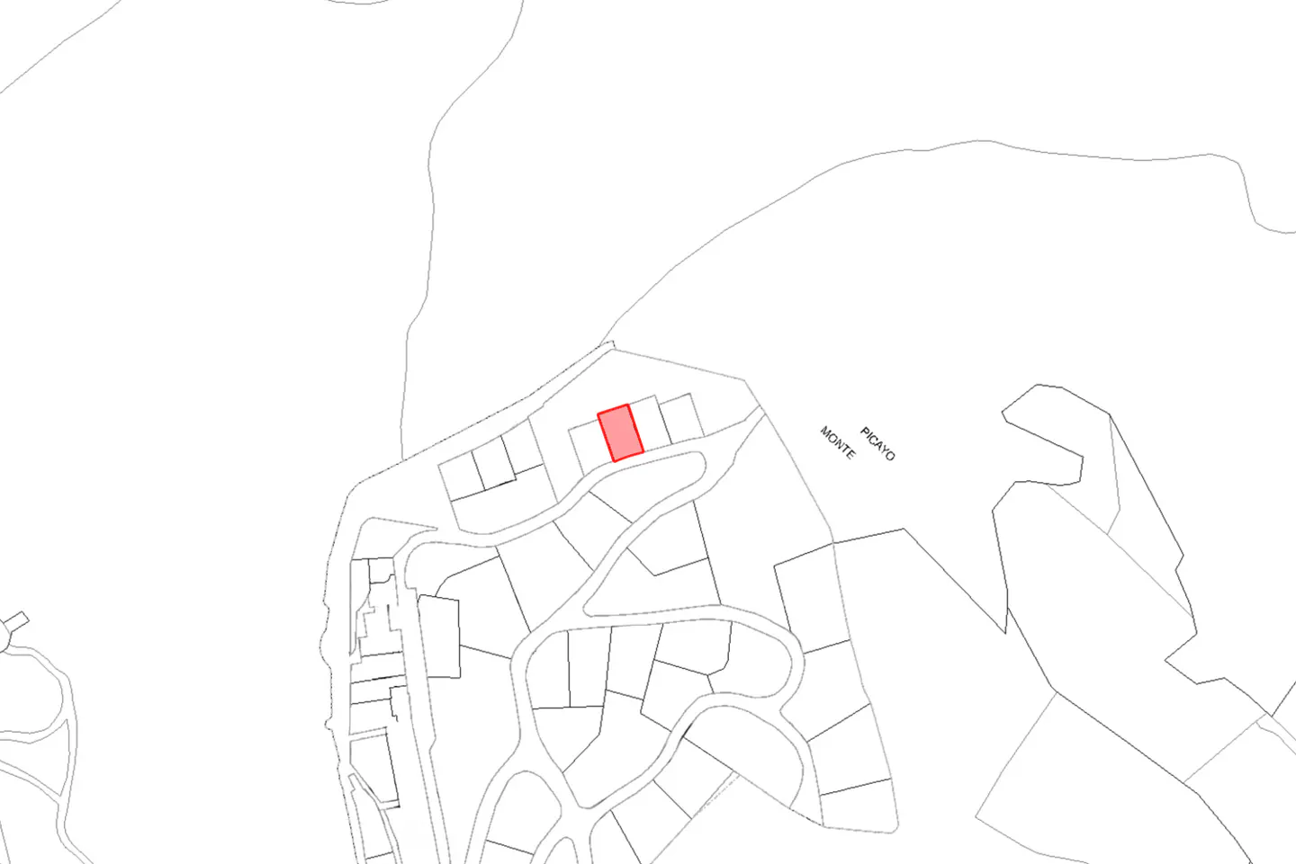 Map of a residential area with a highlighted red lot near Monte Picayo street.