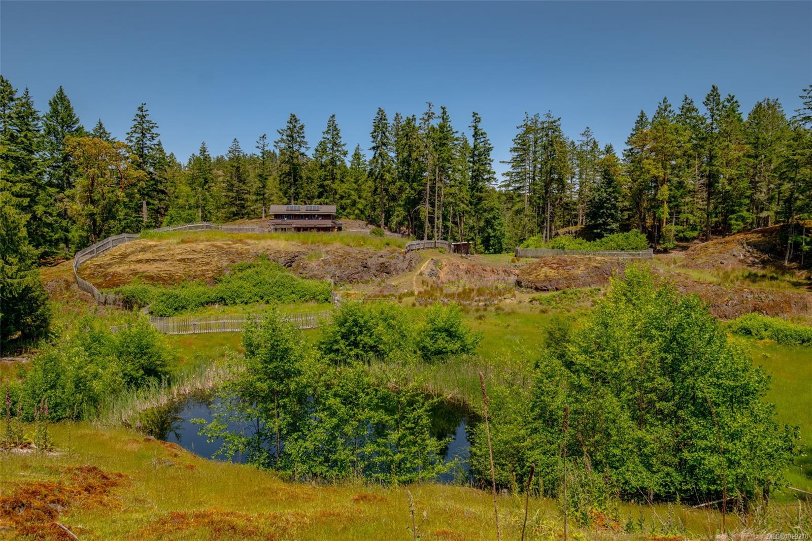 Landscape view of a pond surrounded by green trees and grass, with a house on a hill in the background.