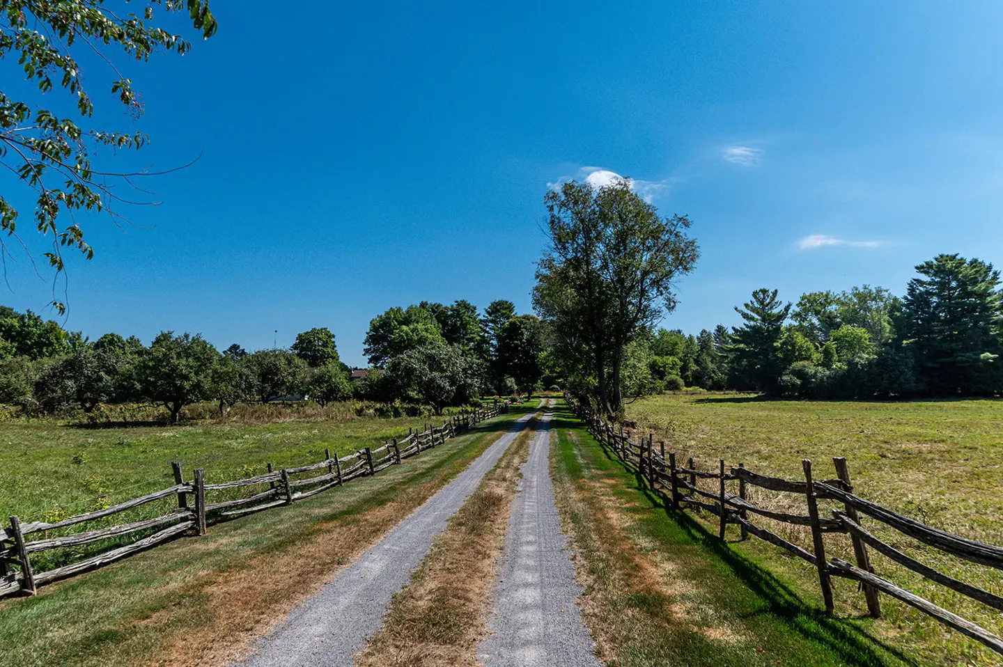 Gravel driveway leads through a green field with a wooden fence under a clear blue sky.