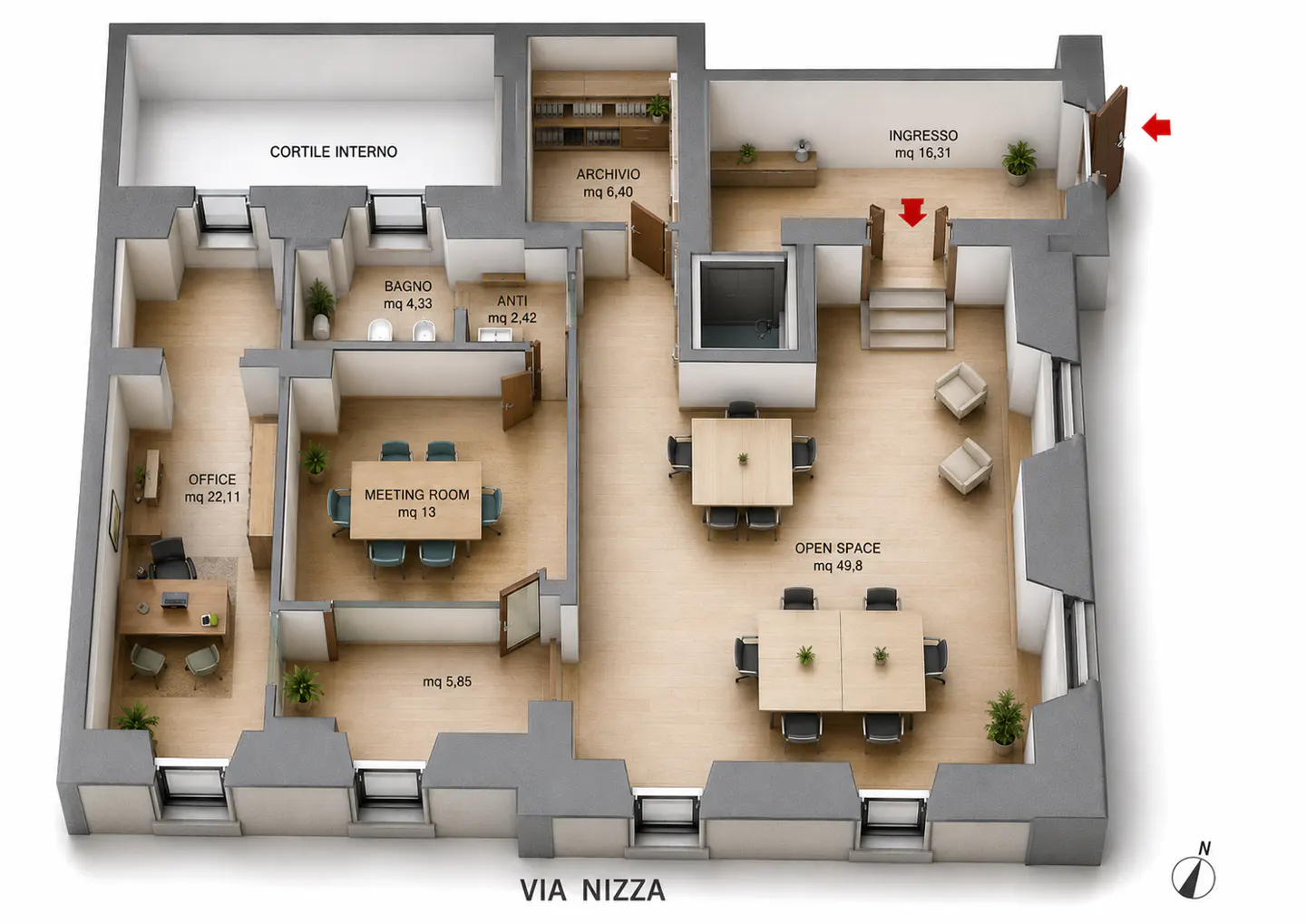 Floor plan of an office space with a meeting room, open space, office, and archive. The color scheme is neutral with light wood floors.