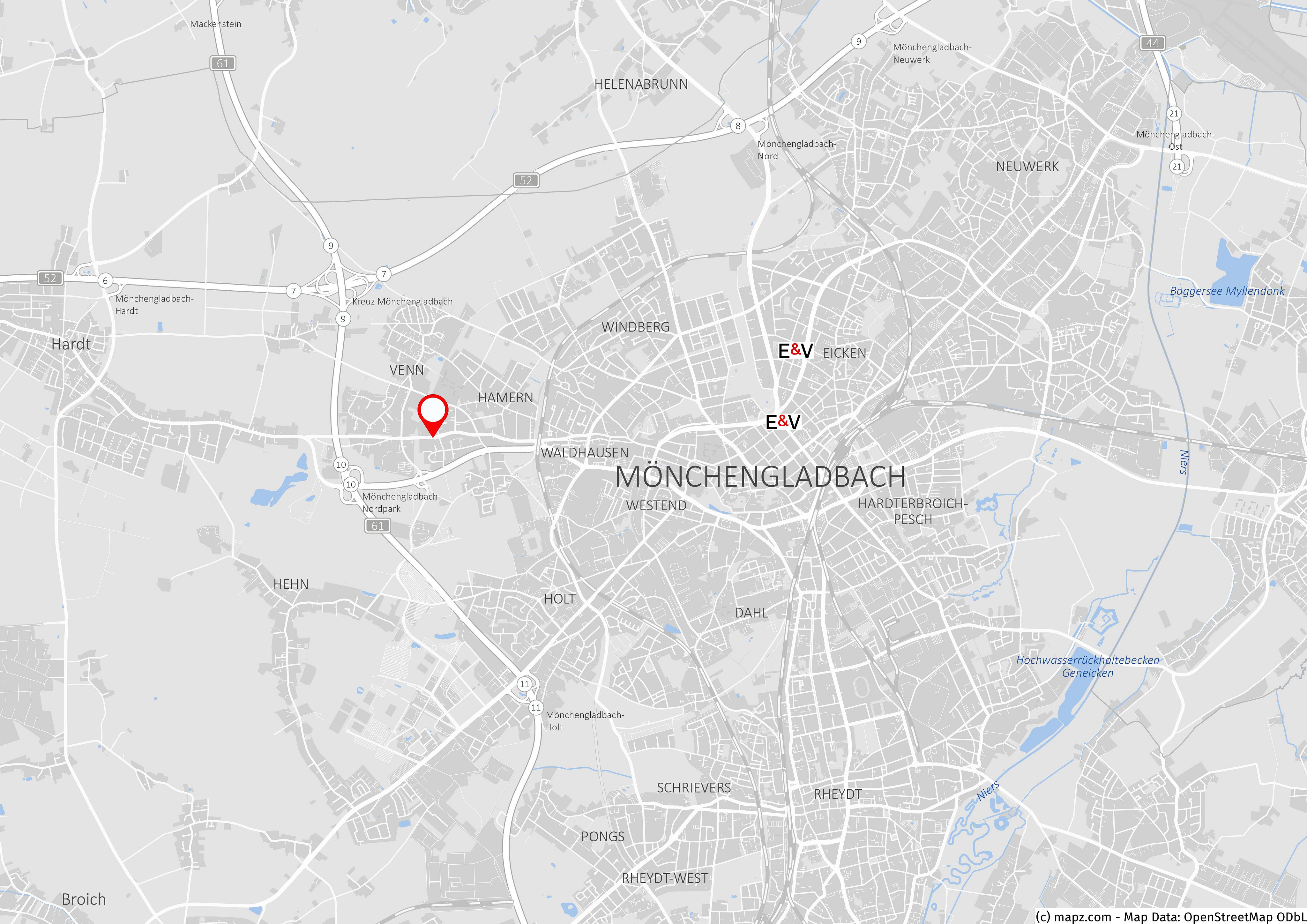 Map of Mönchengladbach, Germany, showing a red location pin in the Venn district and E&V office markers in Eicken. [AI-generated text]