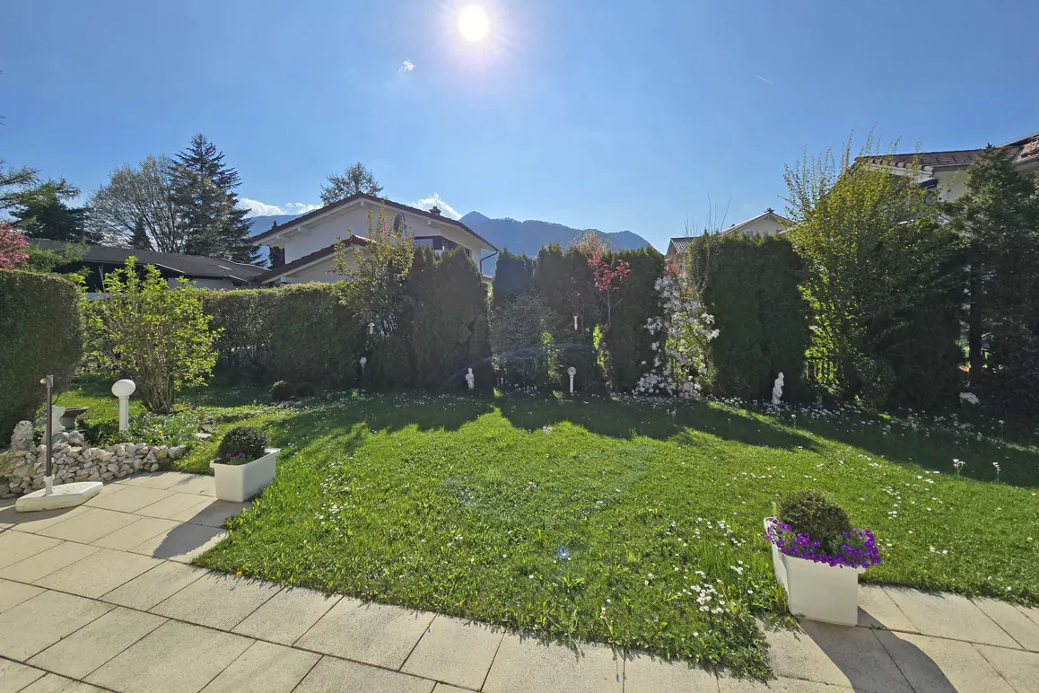Sunny backyard with green grass, hedges, and flowers in white planters. Houses and mountains are visible in the background.
