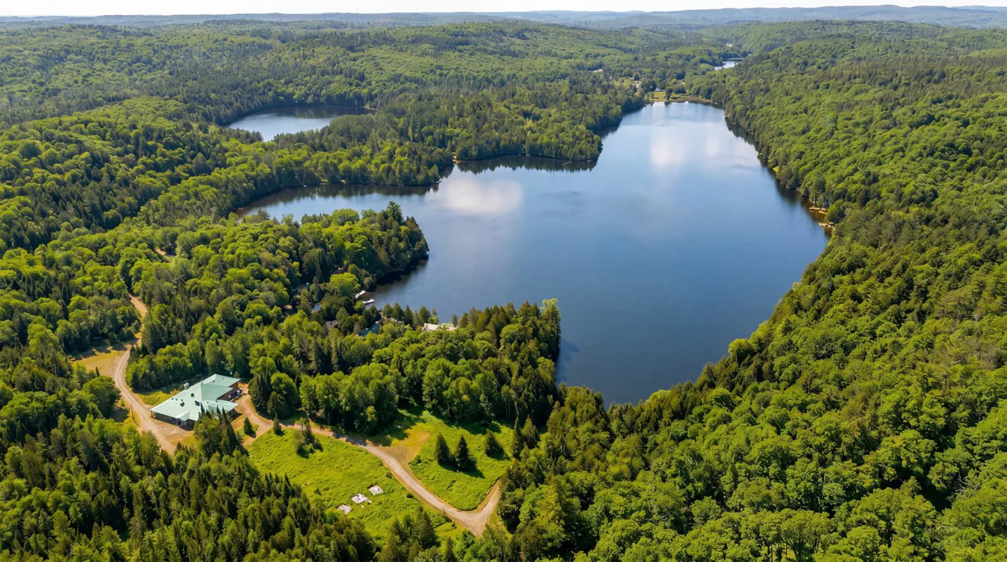 Aerial view of a lake surrounded by green forest, with a house visible near the shoreline.