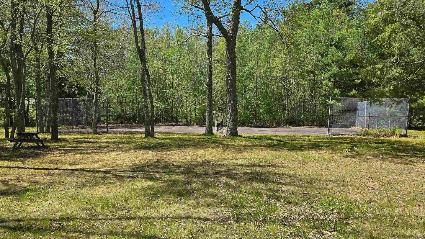 Outdoor tennis court surrounded by trees and a chain-link fence, with a picnic table in the foreground.