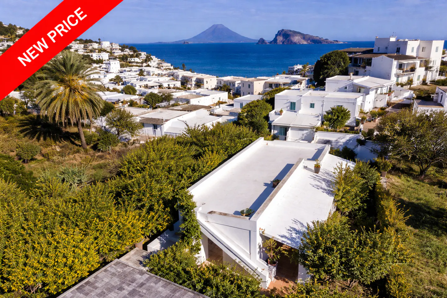 Aerial view of a white house with a flat roof, surrounded by green trees, with a "NEW PRICE" banner in the upper left corner.