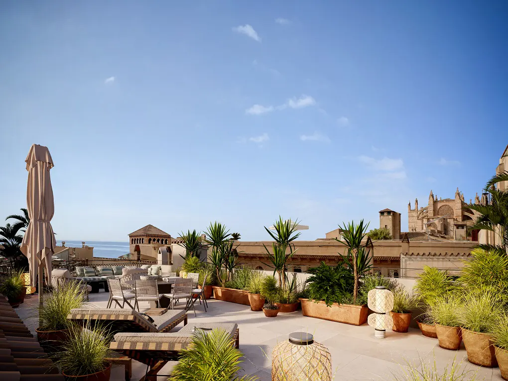 Rooftop terrace with lounge chairs, dining set, potted plants, and a view of Palma Cathedral under a blue sky.