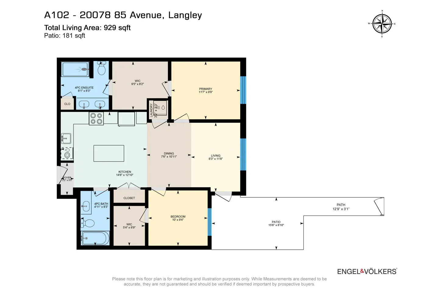 Floor plan for A102-20078 85 Avenue, Langley, showing a 929 sqft unit with two bedrooms, two baths, and a large patio.