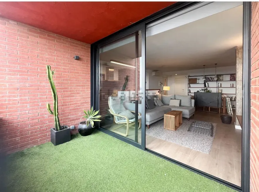 Balcony with artificial grass, potted cactus, and sliding glass doors opening into a modern living room with a gray sofa.