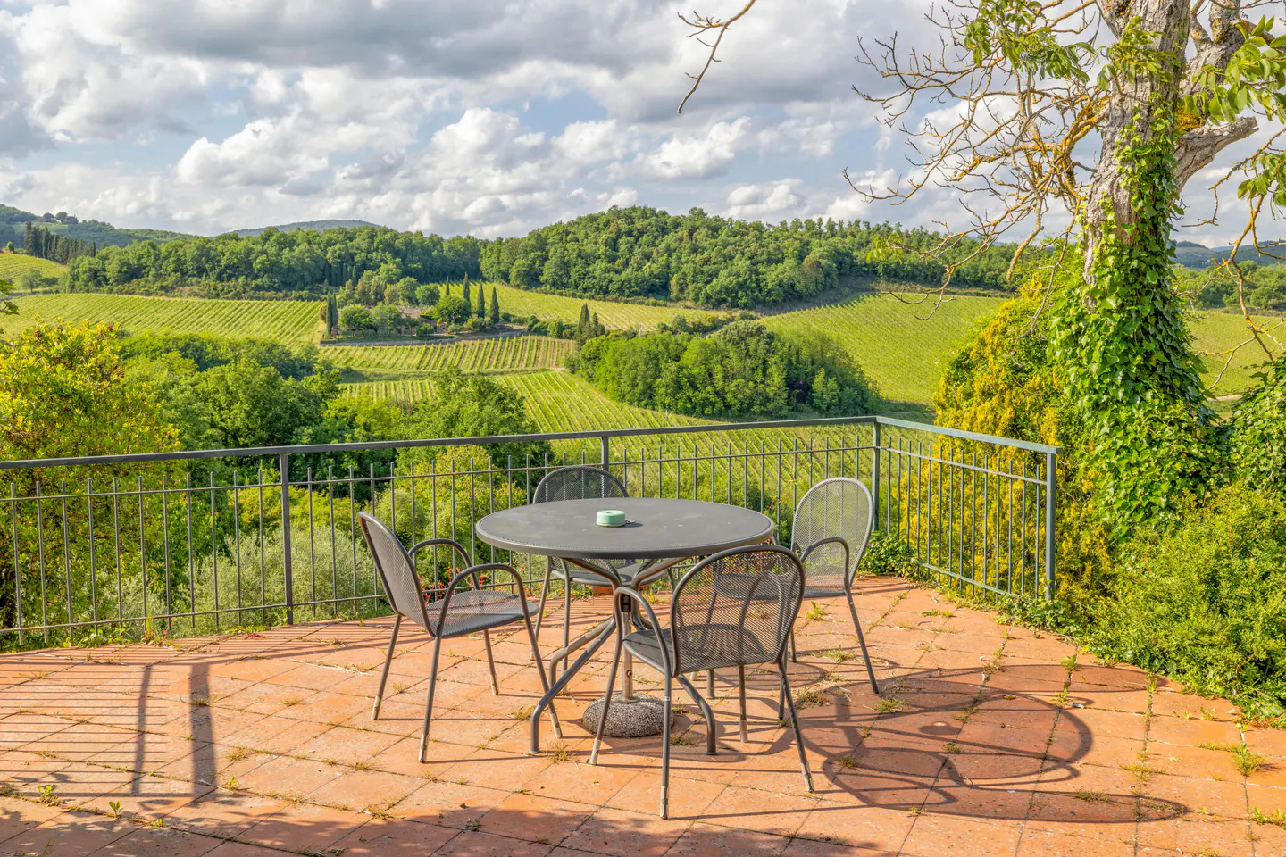 Outdoor patio with a round table and four chairs overlooking a green vineyard landscape under a cloudy sky.