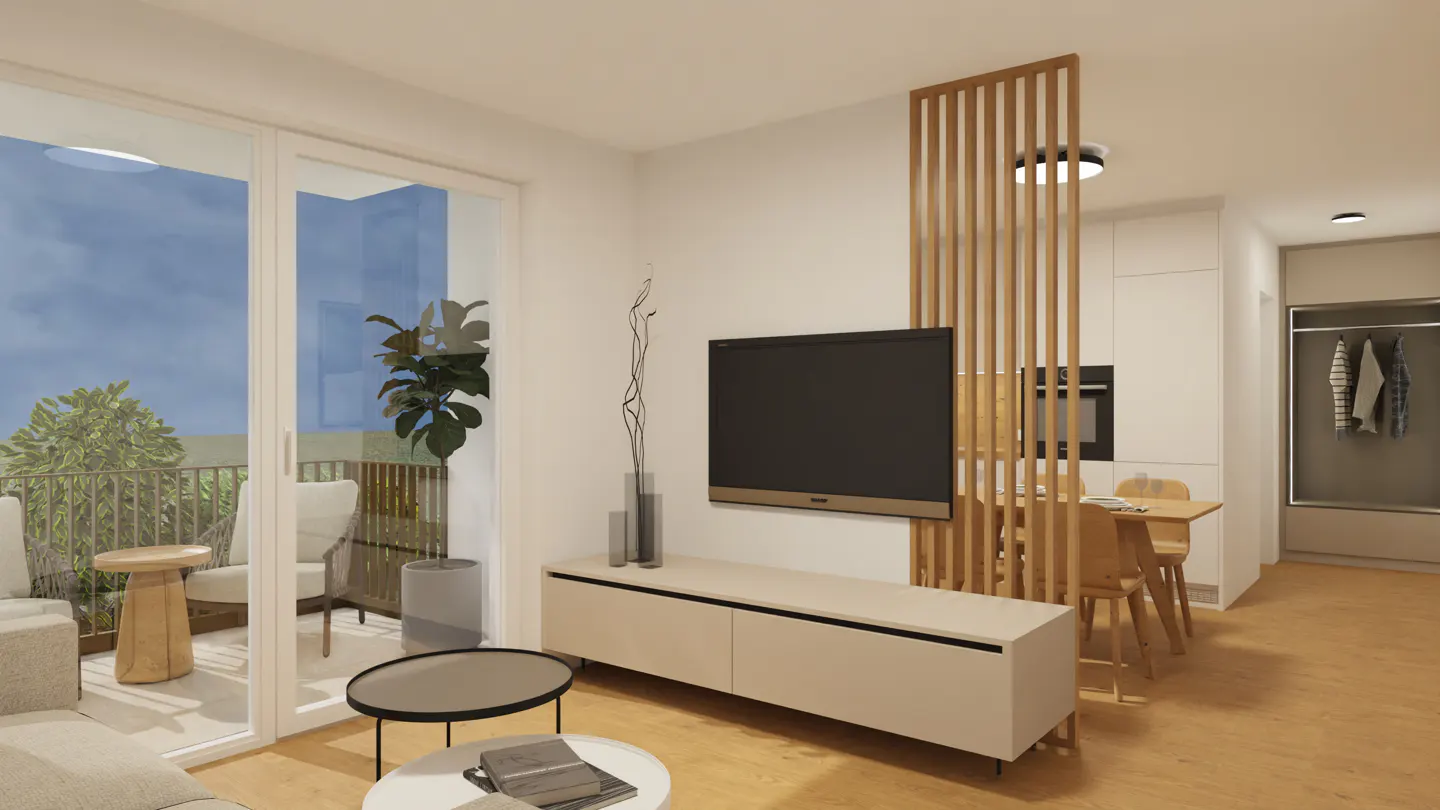 A bright, modern apartment interior with a TV, balcony, and wooden slat partition.